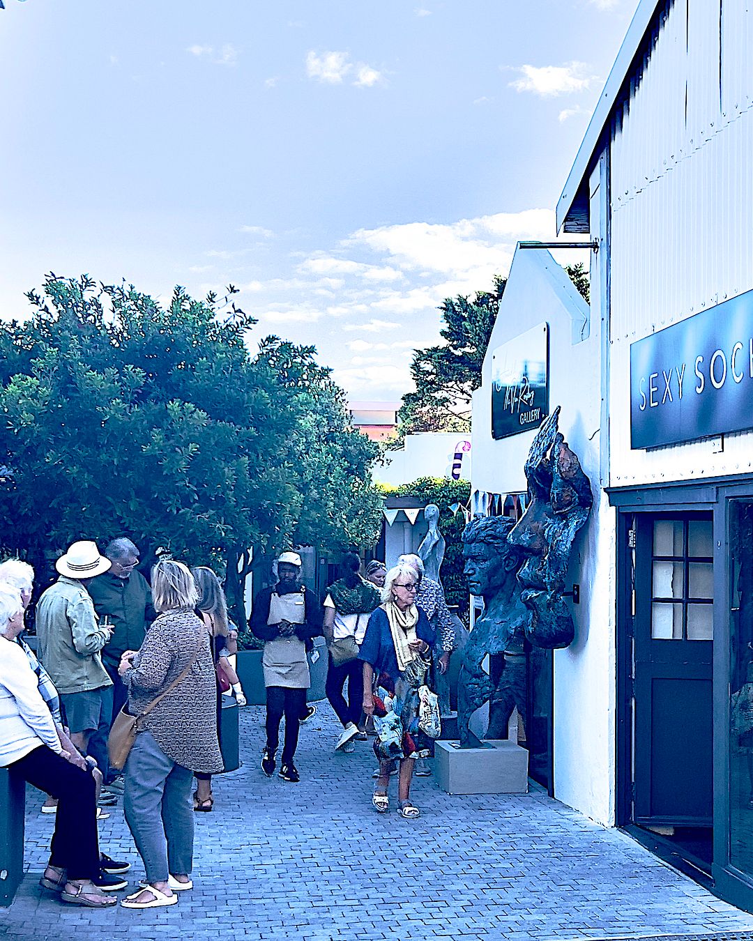 A lively alleyway in Hermanus bustling with people exploring local galleries. Sculptures are prominently displayed outside, with visitors engaging in conversation. The scene captures the vibrant mix of contemporary and traditional South African art against a clear sky backdrop.