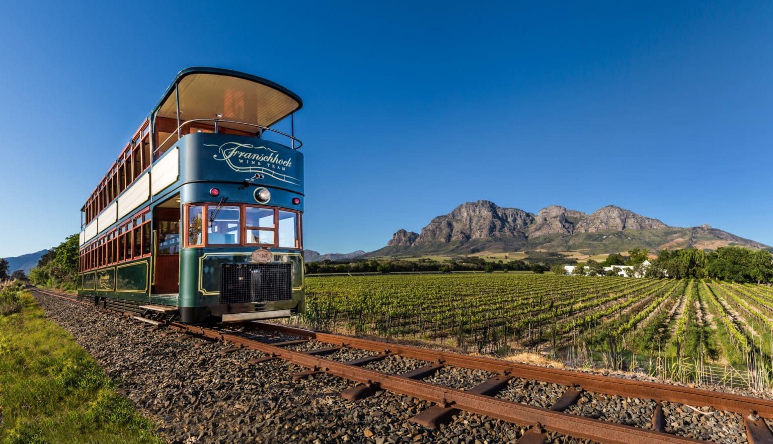 A vintage tram labeled 'Franschhoek Wine Tram' travels on a railway track through a vineyard under a clear blue sky, with a mountain range in the background.